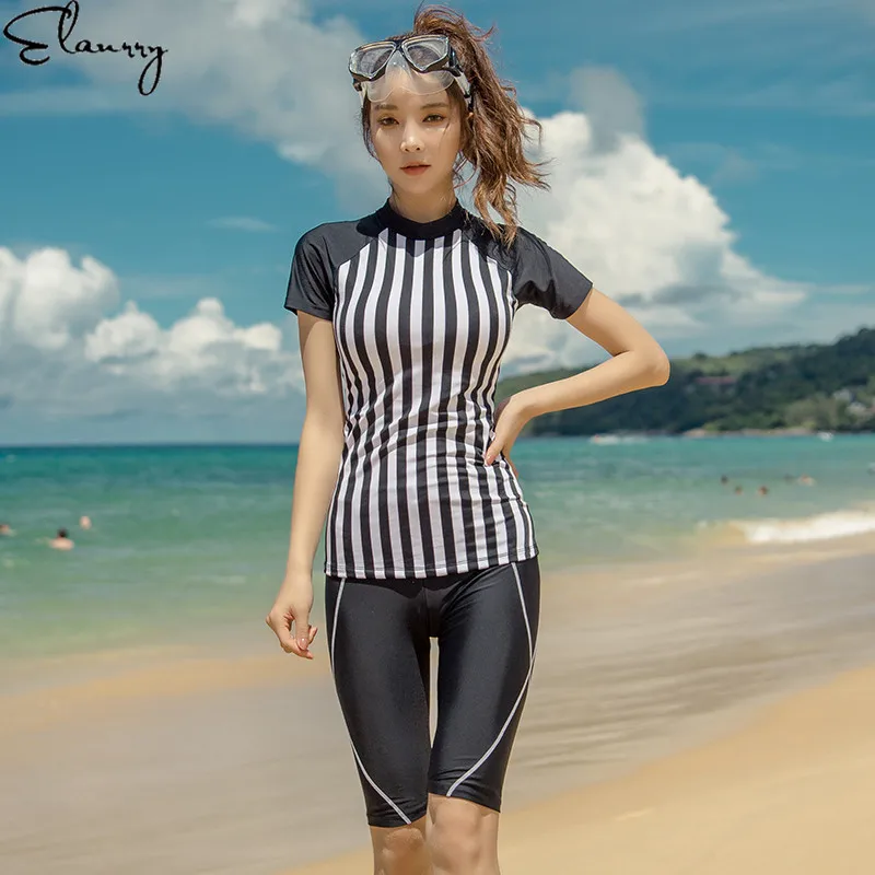 Sexy Swimwear Striped Swimsuit Women Surfing Suits 2019 New Short Sleeves 2 pieces Padded Rashguards Summer Beach Wear Ladies | Спорт и