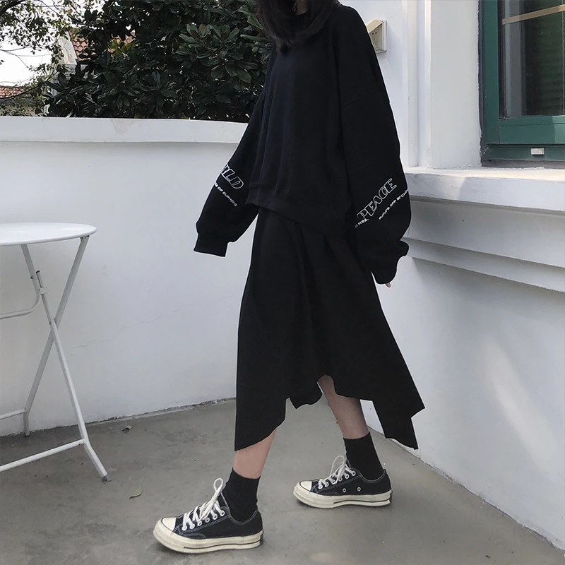 

korean style 2019 spring summer high waist long skirts solid color a line irregular black skirts womens (X301)