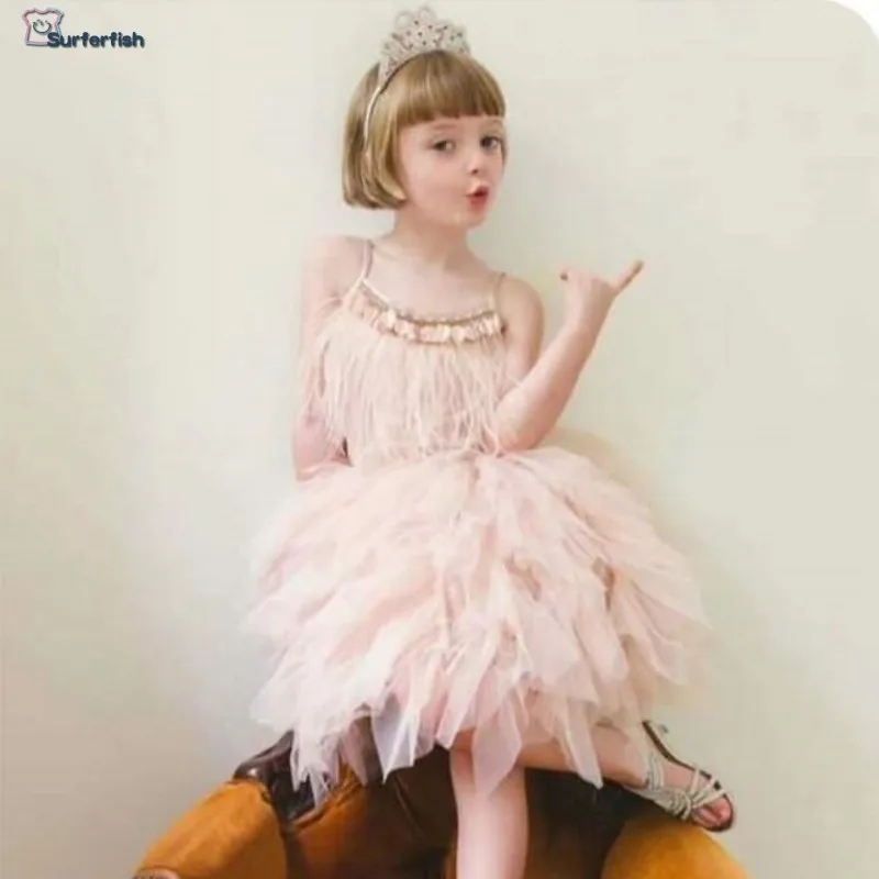 

2019 spring summer new Feathers custom baby dres Princess Princess Dress ins Strap Rhineston Dress Party Valentine' s Day Dress
