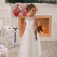 A-line Кружева Цветочница Платье Sash Длина Пола Тюль Девушка День Рождения Рождество Принцесса Партии Девушки Детей Платья