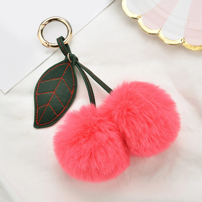 

Plush Faux Fur Fruit Bag Car Pendant Cherry With PU Leaves Hair Ball Key Ring Fashion Sweet Fluffy Pompon Keychain Women Gift