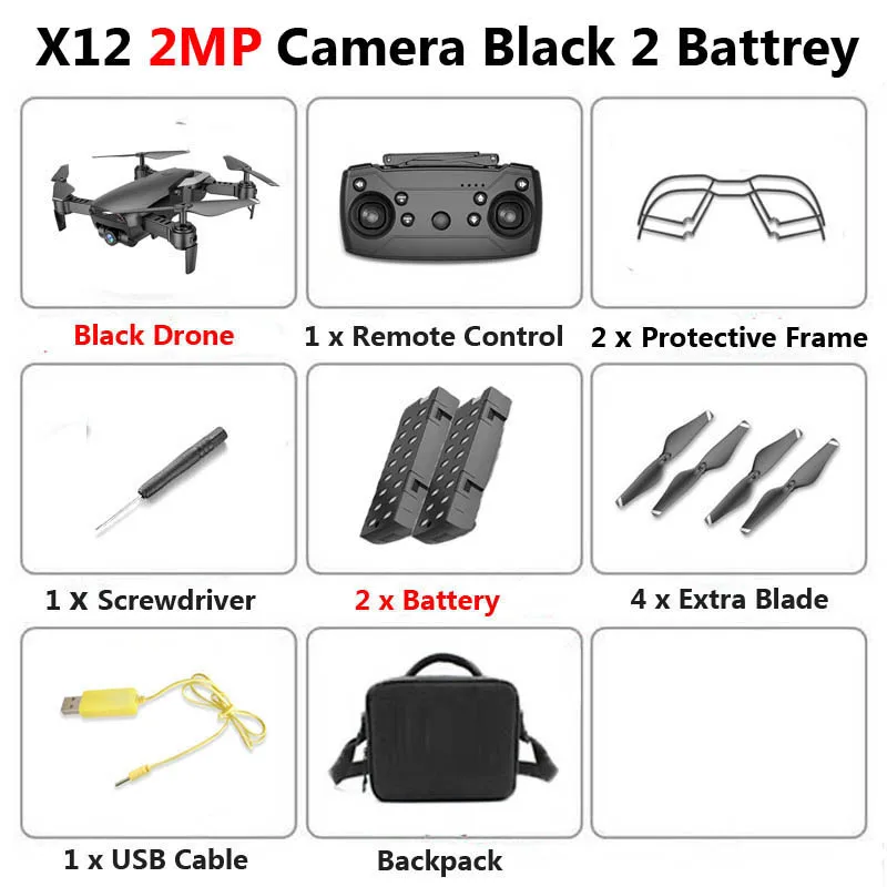 X12 WiFi FPV Mini Foldable Drone Camera 0.3MP 2MP HD Optical Flow Aerial Video Profissional RC Quadcopter Helicopter Toys SG106 - Цвет: 2MP Black 2B Bag