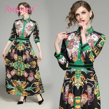 

2019 New Arrival Spring Women Elegant Print Dresses Long sleeve Office Party Vintage Dress Floral Vestidos AMBMCM