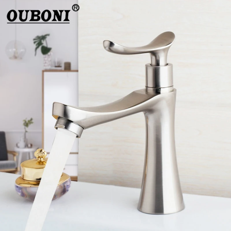 OUBONI Bathroom Sink  Deck Mounted Single Cold Faucet Bathroom Basin Sink Faucets Nickel Brushed Stream Spout Tap