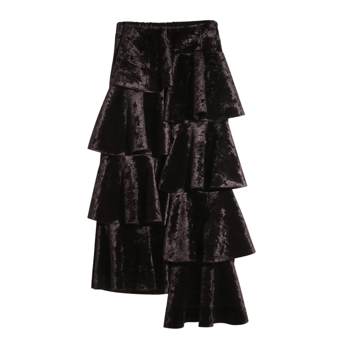 ASYMSAY Europe Lotus Leaf Asymmetry Shiny Fabric Velvet Skirt For Women Back Split Elastic High Waist Skirts Female AC2122 - Цвет: black