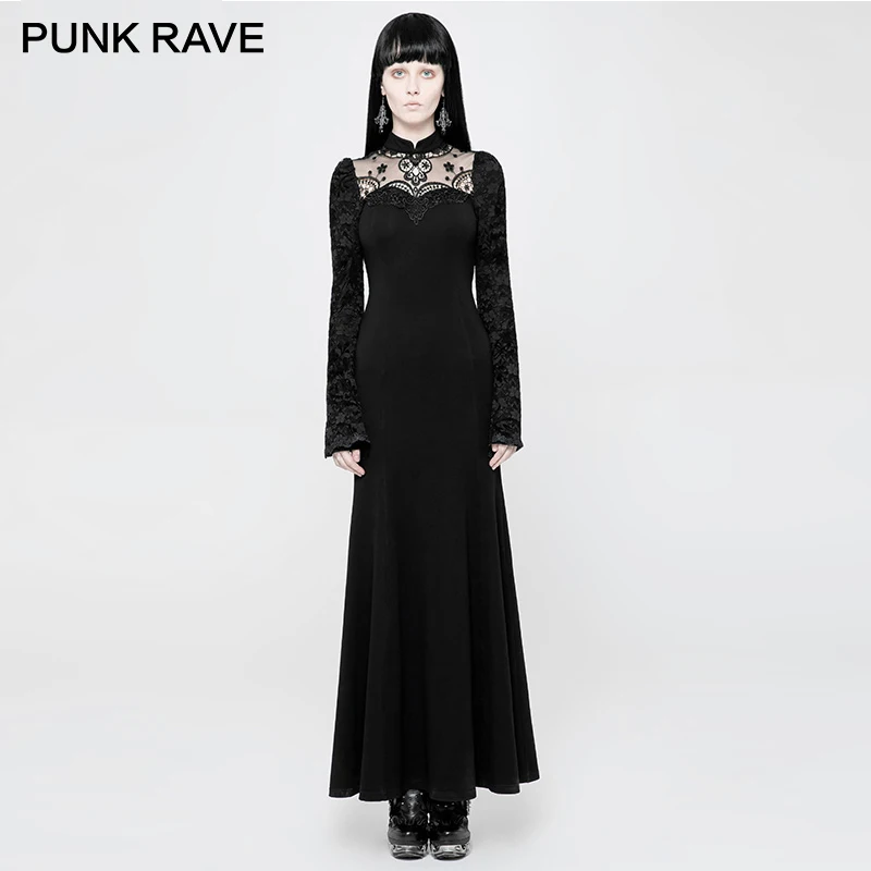 

PUNK RAVE Gothic Black Retro Lace Halloween Party Dress Women Novelty Christmas Female High Neck Court Long Dress Clothing