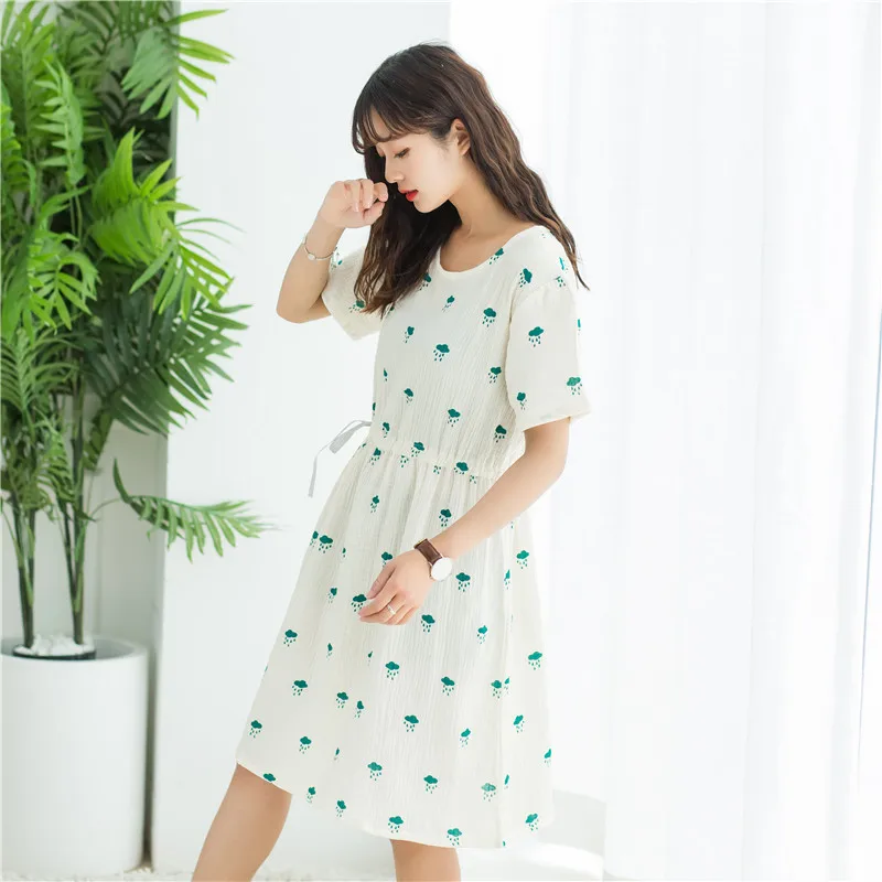 

Summer Women Cotton Crepe Yarn Short Sleeve Plus Size Nightgowns with Lower-waist Drawstring Sexy Sleepwear Leisure Home Dress