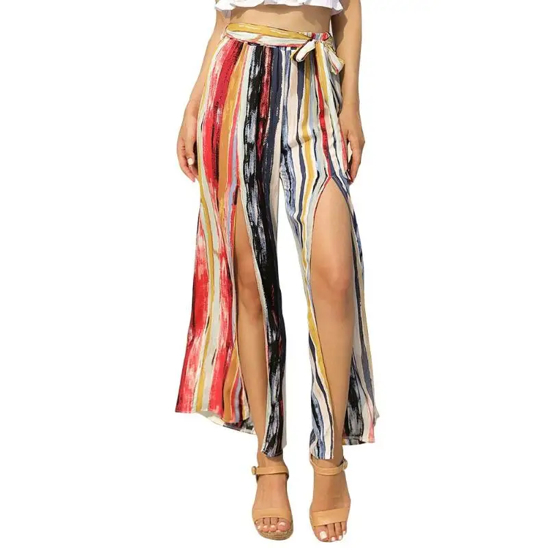 

Belted Frilled Waist Tropical Print Loose Long Palazzo Pants Print Wide Leg Pants Belt High Waist Contrast Color Slit Trousers