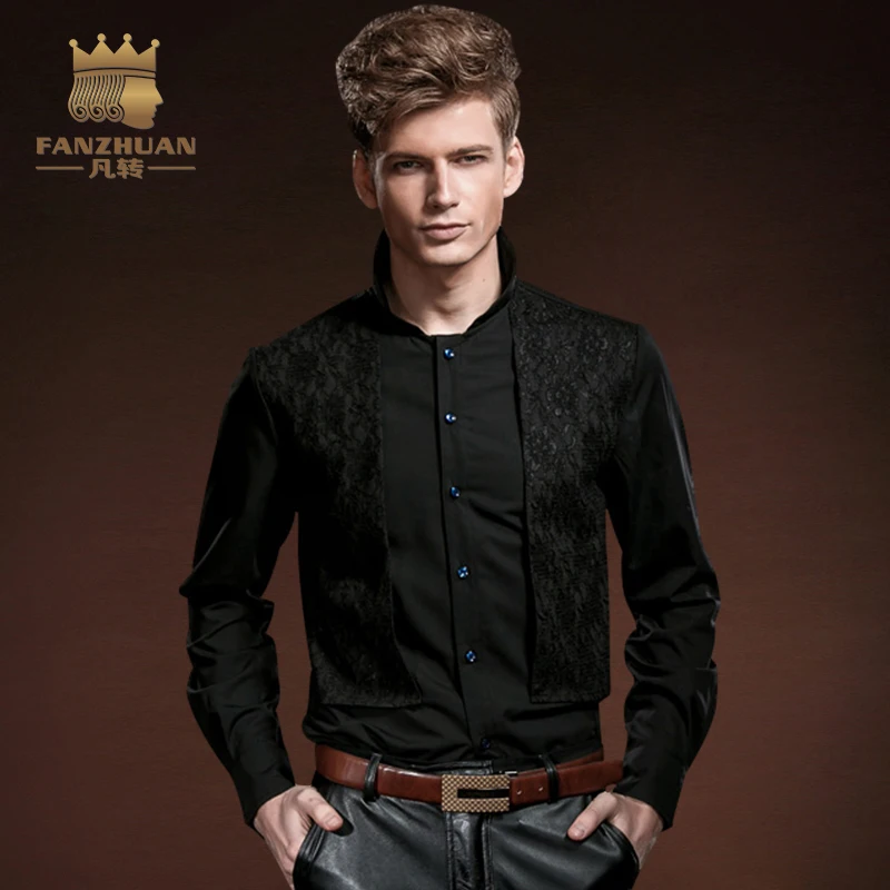 Мужская кружевная рубашка FANZHUAN черная Облегающая с длинным рукавом новинка 2017 |