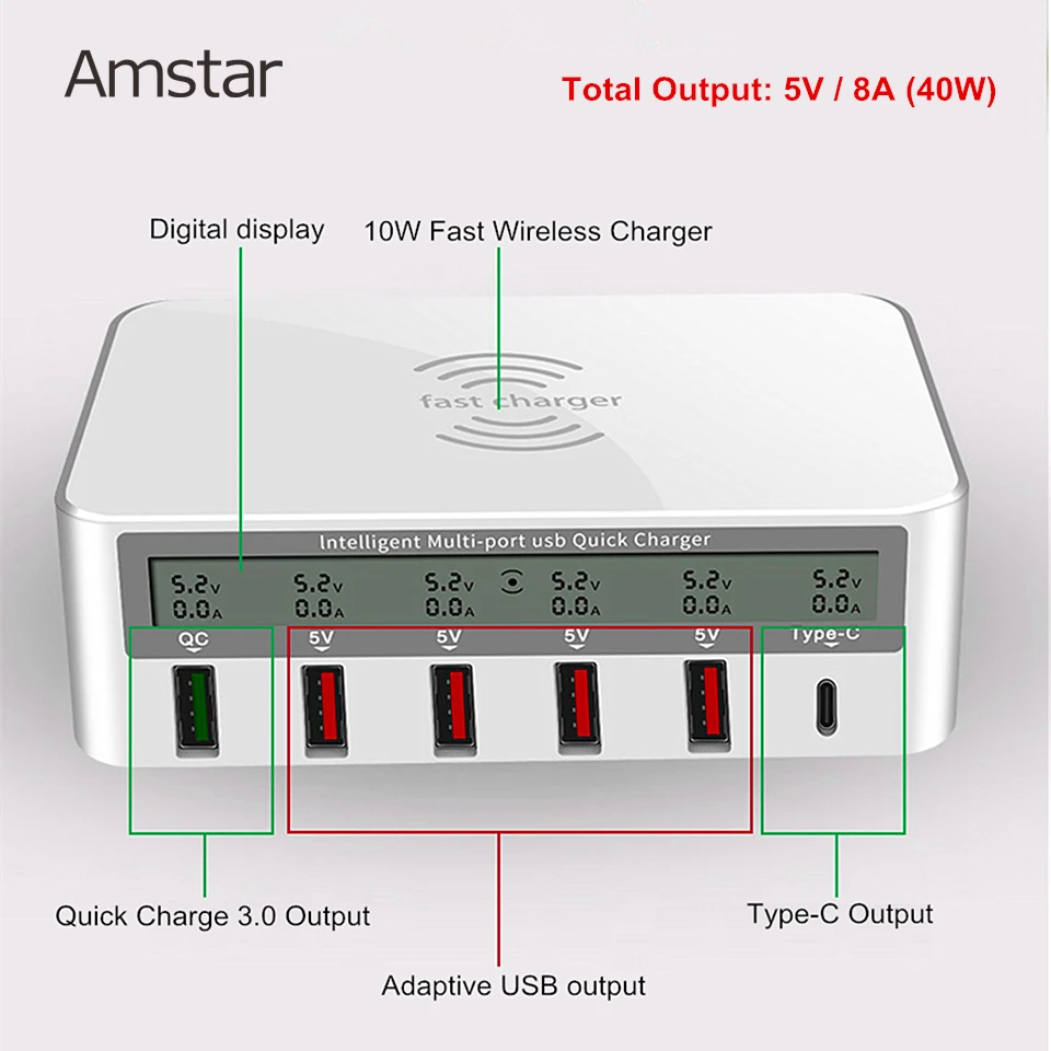 Amstar 10 Вт Qi Беспроводное зарядное устройство 5 В/8A 6USB зарядное устройство для телефона Быстрая зарядка 3,0 type C Быстрая зарядка для iPhone X XS 8 samsung S9 S8