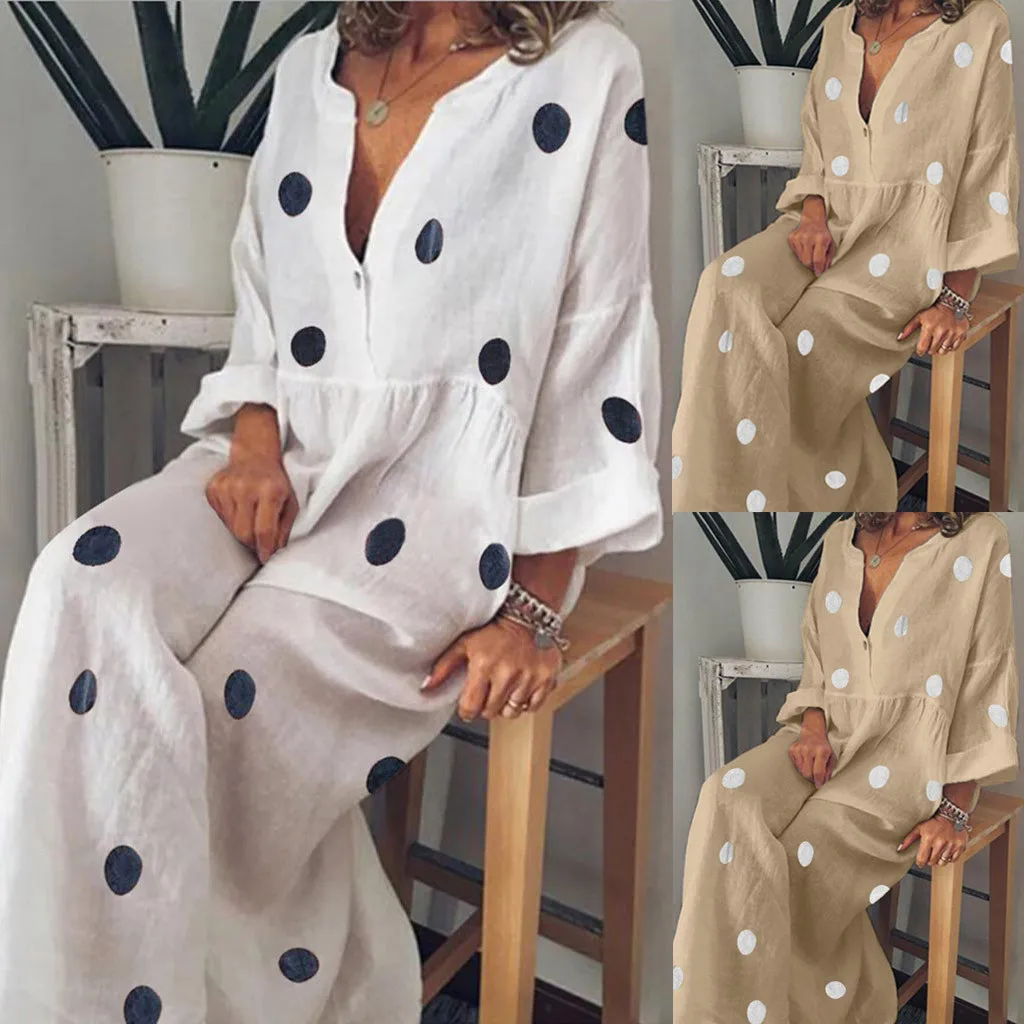 

Ladies Vintage Robe 2019 Spring Women 3/4 Sleeve Holiday Wind Slim A-line Dress Vestidos Fashion Dot Printed V-neck Dress#J30
