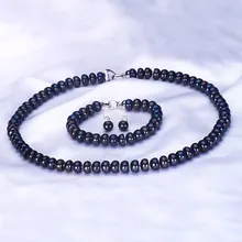 HENGSHENG новое поступление черный Ювелирные изделия из жемчуга, 925 пробы серебро Для женщин комплекты натуральный черный жемчуг серьги и браслет и Цепочки и ожерелья