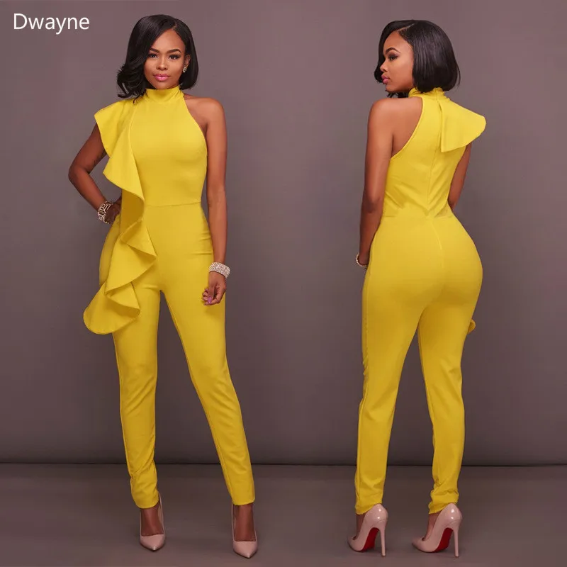 Women Autumn Jumpsuit New Fashion One Shoulder Yellow Jumpsuits Elegant