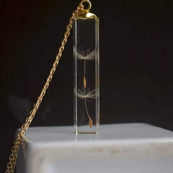 

2 Dandelion Make a Wish Real Flower Transparent Cube Resin Gold Color Pendant Chain Long Necklace Women Boho Jewelry