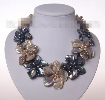 

1074 classic black champagne baroque pearl shell flower leather necklace