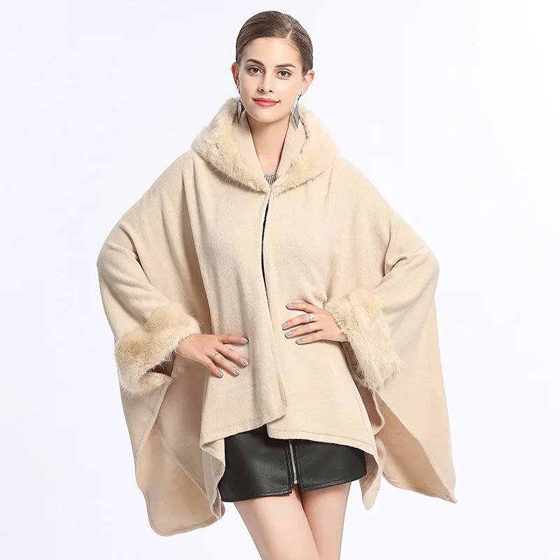 2018 Fashion Women Winter Capes Faux Fur Collar Knitted Open Stitch Poncho Long Sleeve Cardigan Thick Warm Cloak Coat With Hat