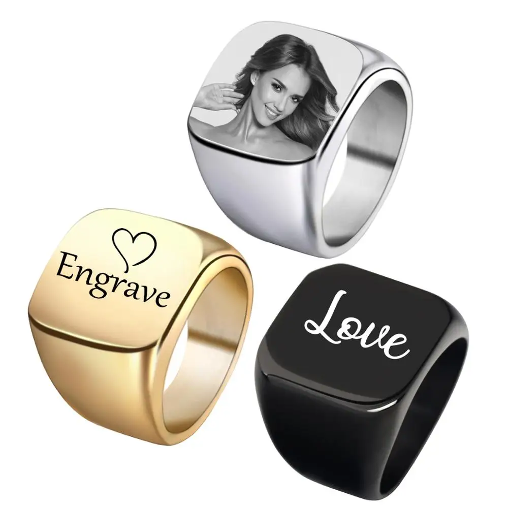 

Personalized Customized Engrave Name Photo Ring Stainless Steel Mens Signet Rings Photo Male Engagement Wedding Rings SL-105