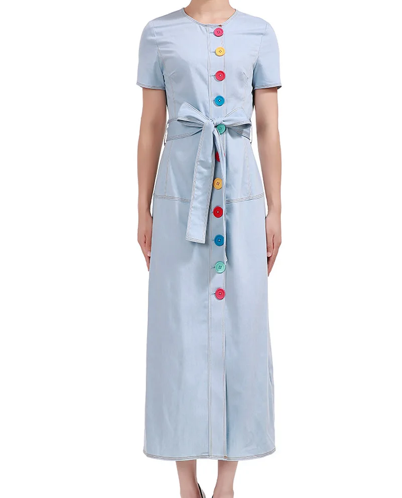 2018 New Button Designer Women Denim Long Dress Fashion O-Neck Short Sleeve Dresses With Belt | Женская одежда