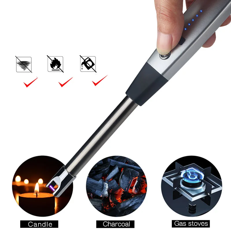 Windproof Safety Camping BBQ Kitchen Lighter USB Charging Electronic Lighter Display Electricity Plasma Arc Lighter