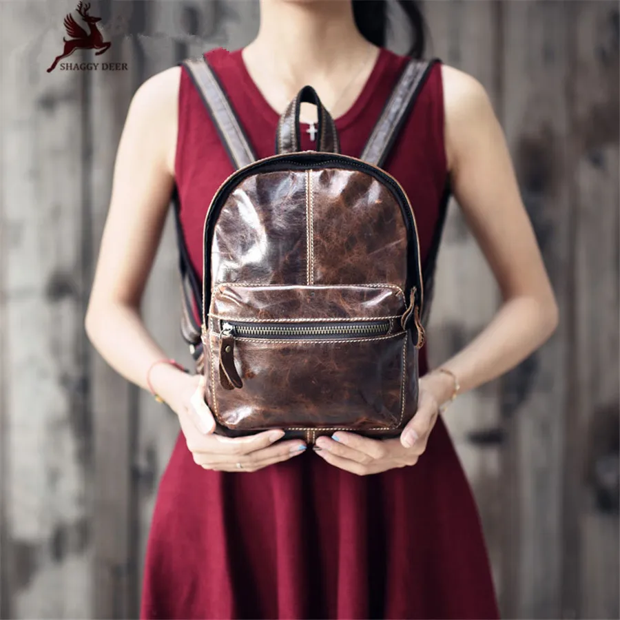 

Vintage Mini Crazy Horse Genuine Leather Lady Backpack Frist Yard Of Leather Oil Wax College Bag
