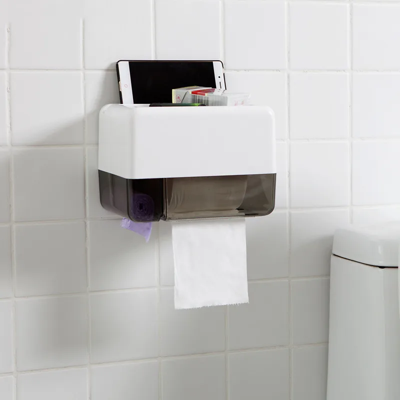 

Bathroom Multi-purpose Tissue Box Free Drilling Removable Tissue Roll Paper Trash Bag Mobile Phone Rack Four In One