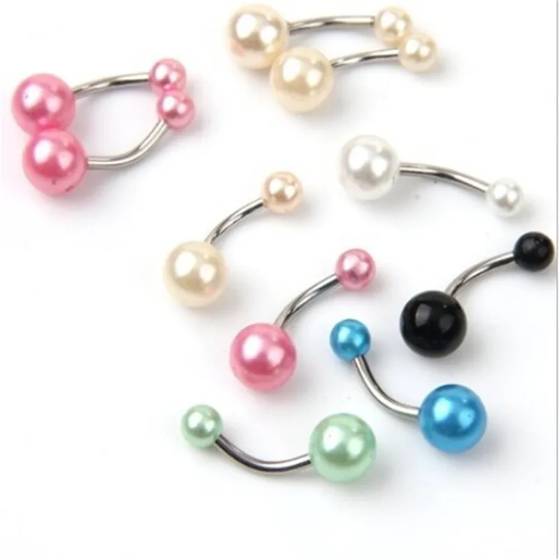 

10pcs/lot Simulated Pearl Dangle Belly Button Ring Sexy Double Piercing Barbell Surgical Steel Navel Piercing Fashion Jewelry