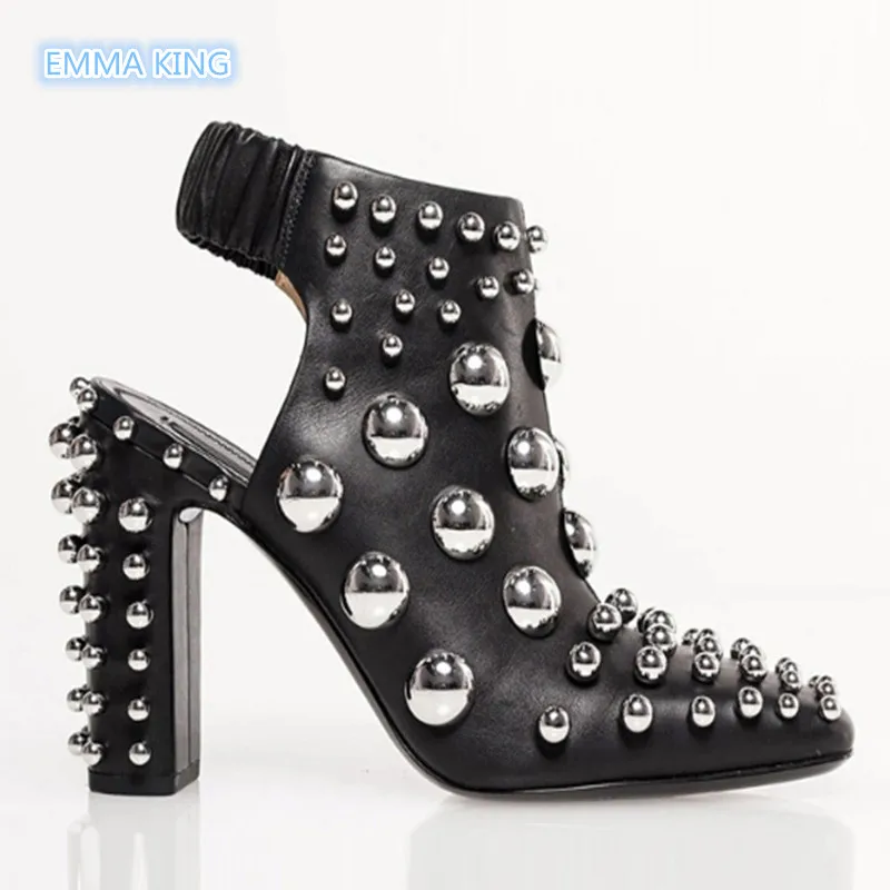 

Rivets Studded Slingback High Heels Pumps Women Pointed Toe Chunky Heels Fashion Court Shoes Woman Elastic Band Runaway Sandals
