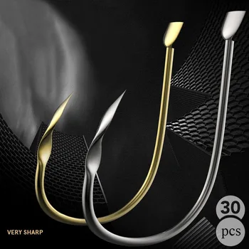 30 pcs/pack 5#-11# Larger Fish Fishhooks Non-barb Anti-decoupling Carp Fishing Hook Gold&Silver Carbon Steel Sharp Tip Hooks