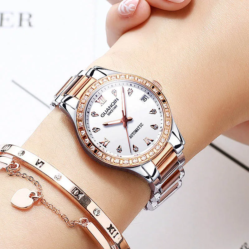 Женские модные часы Geneva дизайнерские женские часы люксовый бренд алмаз автоматические механические розовое золото Подарки для женщин - Цвет: Rose gold white