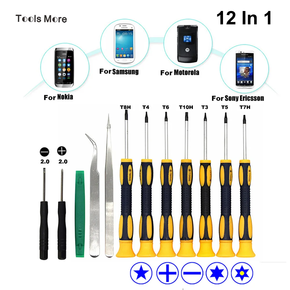 

12 In 1 T3 T4 T5 T6 T7 T8H T10H Screwdriver Tweezers Pry Tool for Cell Phone Samsung HTC MacBook Air Tablet Xbox360 ect Repair