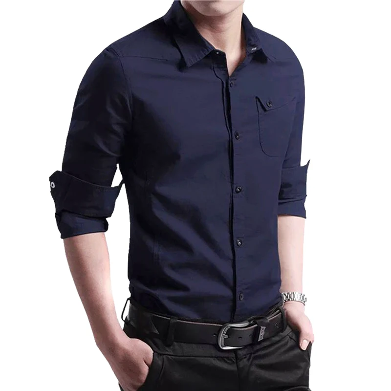 

New Spring Autumn M-4XL Men Long Sleeve Shirt Blouse 100% Cotton ePaulet Double Pocket Quality Fashion Shirt