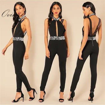 

Black Celebrity Rompers Womens Jumpsuit Beaded Hollow Out Sleeveless Backless Bandage Jumpsuit