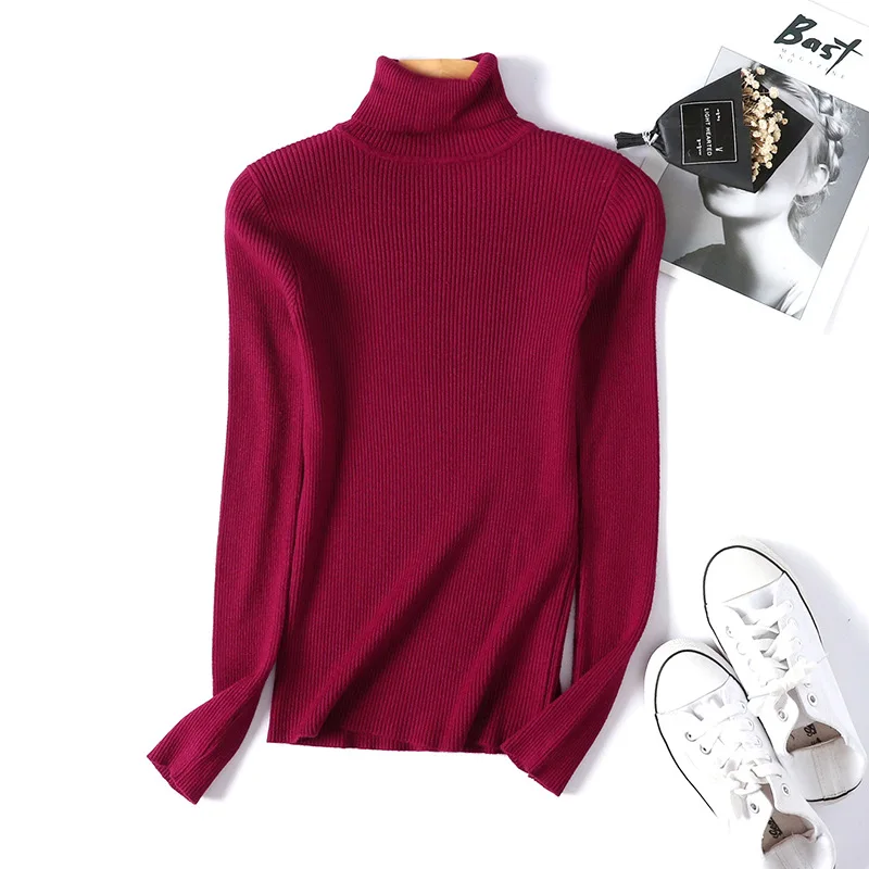 Женский вязаный свитер с высоким воротом осенний Повседневный мягкий джемпер с воротником поло модный тонкий женский эластичный пуловер Свитера - Цвет: Wine Red 2