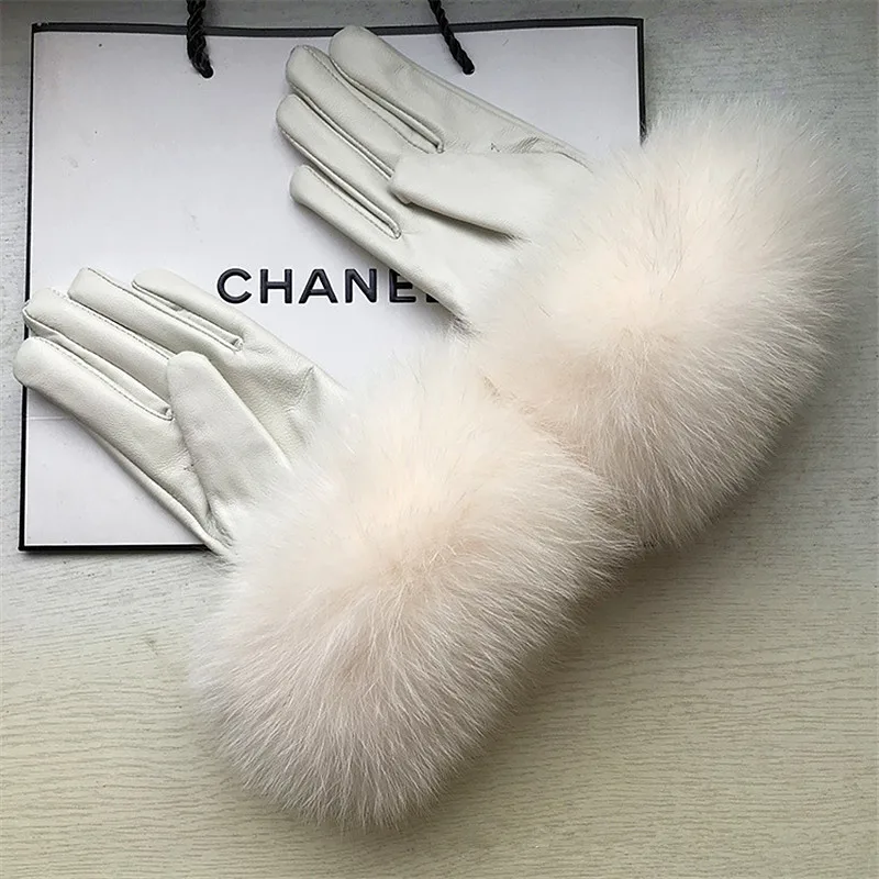 

Genuine leather gloves fox fur gloves female sheepskin gloves thermal fleece lined fox fur white hand gloves Promotion