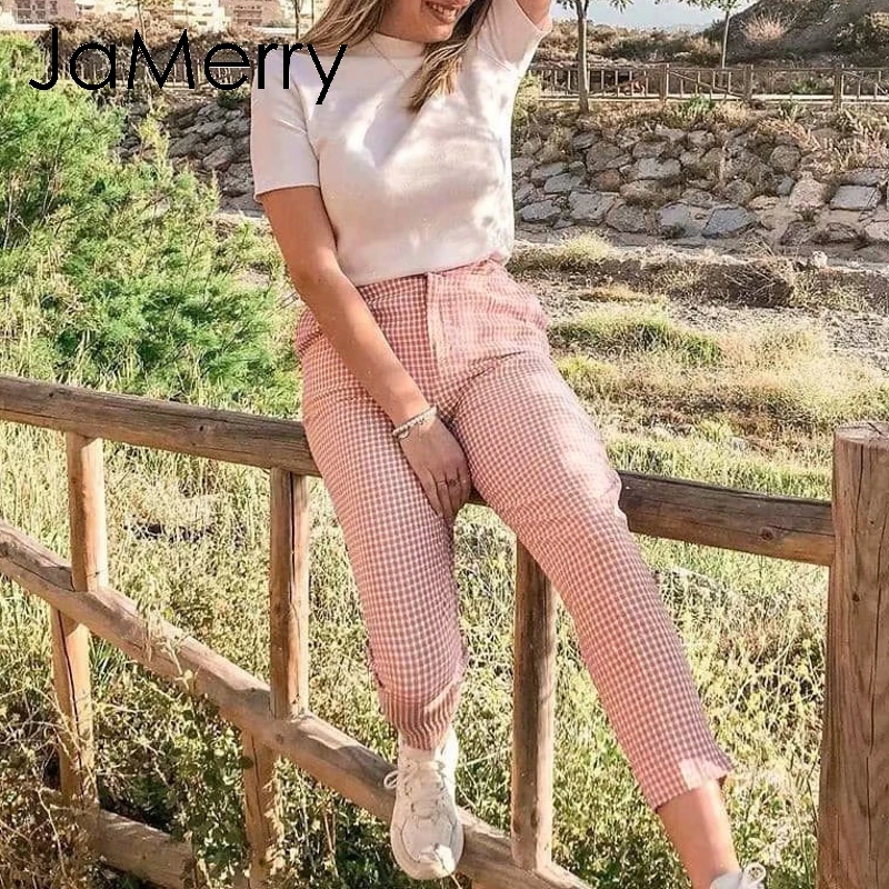 Женские винтажные клетчатые повседневные брюки JaMerry розовые рабочие Брюки Капри