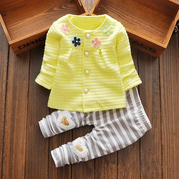 Новинка года, одежда для малышей Костюм с цветочным рисунком для девочек кардиган+ штаны комплект из 2 предметов, куртка для младенцев детская полосатая одежда, штаны