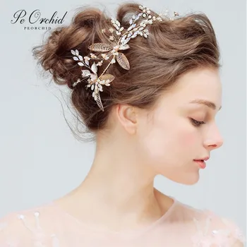 

PEORCHID Bridal Hair Jewellery Haar Accessoires Bruid Gold Headband Metal Handmade Flowers Pearls Wedding Hair Piece