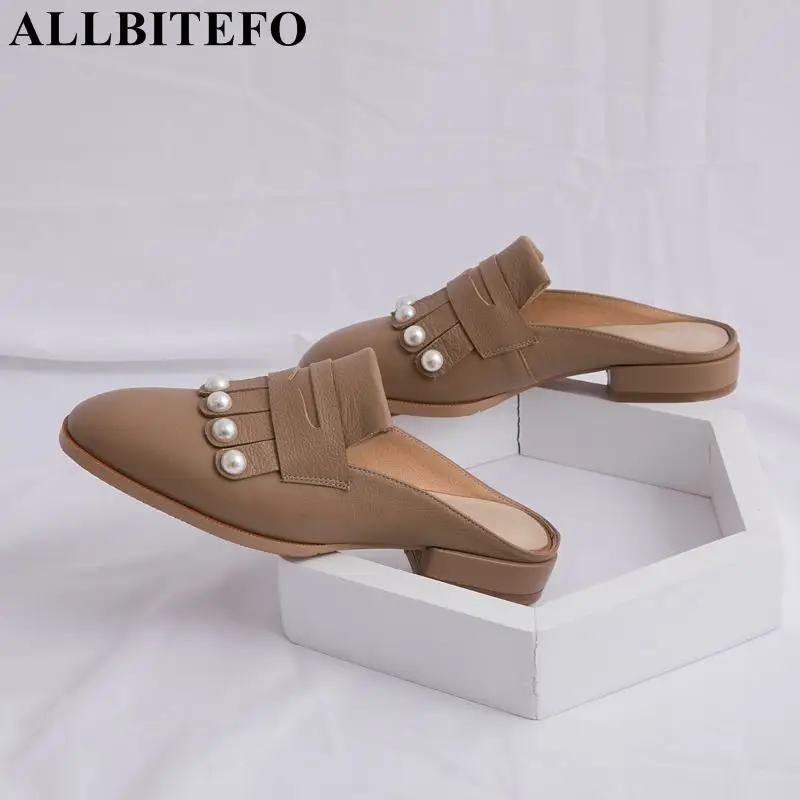 

ALLBITEFO brand genuine leather round toe low heel shoes fashion sexy summer women sandals flip flops beach sandals slides shoes