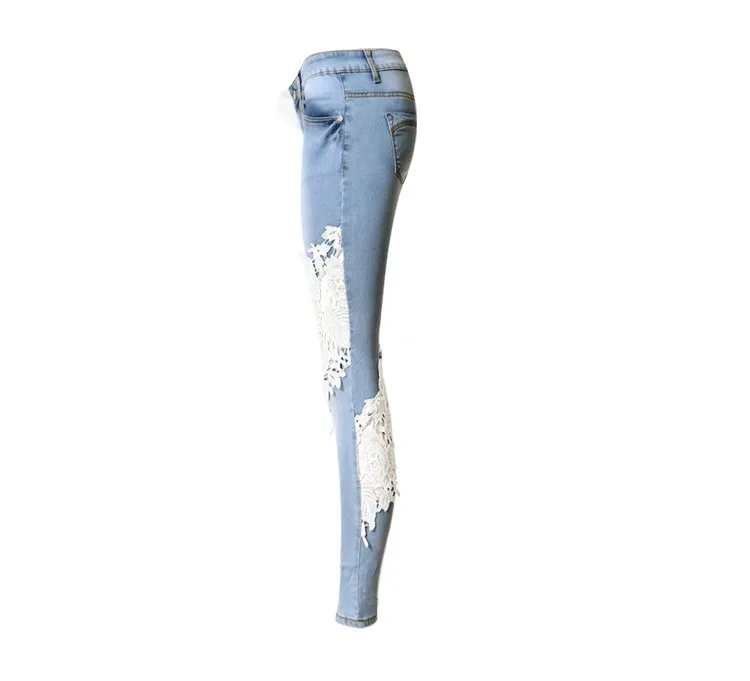 Женский джинсовый, синие джинсы с кружевом, популярные Стильные джинсы с низкой талией, полая кружевная вышивка, колготки, Эластичные Обтягивающие растягивающиеся джинсы-карандаш