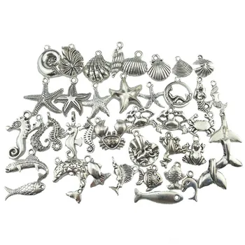 

B8Q274 Mixed 40pcs Retro Horse Starfish Shell Snail Crab Mermaids Turtle Whale Finding Keychain Necklaces Jewelry Accessories