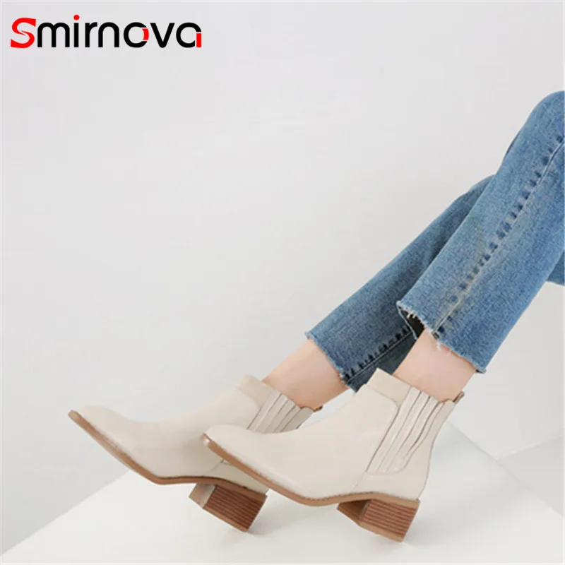 

Smirnova HIGH quality genuine leather boots 2018 pointed toe ankle boots woman casual low heel ladies boots autumn winter shoes