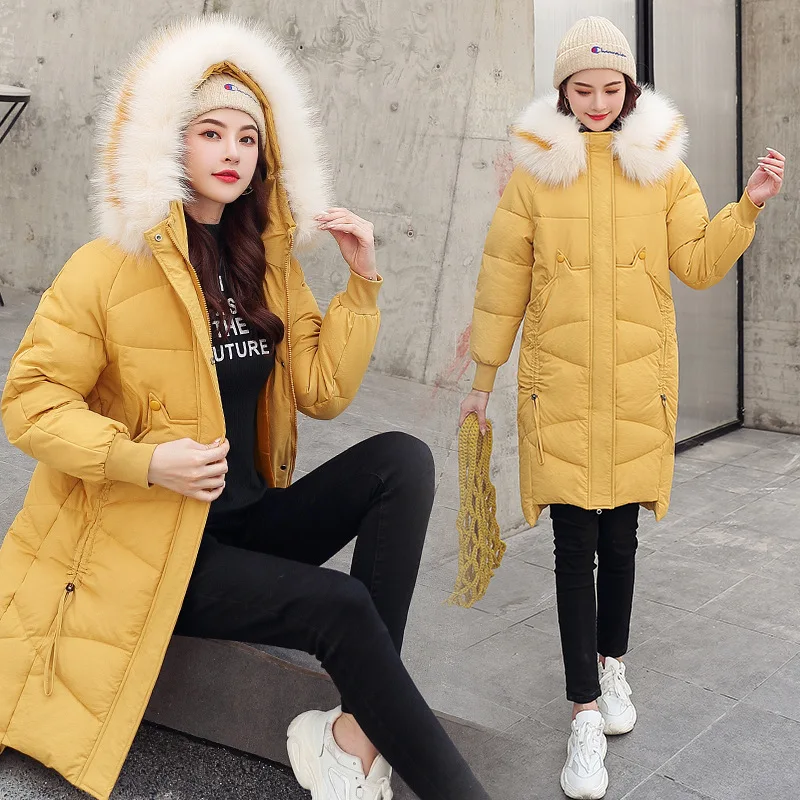 Thick Jacket Big fur collar Women's New Korean Version Big Fur Collar Medium-long Knee Size Thickened Jacket 1961 - Цвет: Цвет: желтый