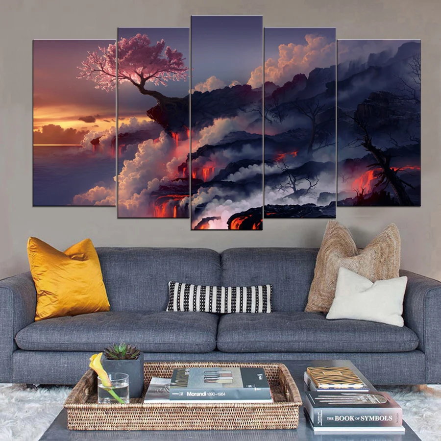 

Tree Flower on Volcano Paintings 5pcs (No Frame)Printd on Canvas Arts Modern Home Wall Art, HD Print Painting