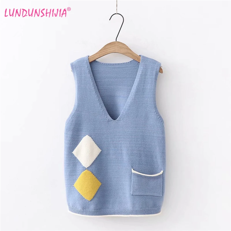 

LUNDUNSHIJIA 2019 New Arrival Spring Autumn Fashion Patchwork Knitting Vest Women Sleeveless V-Neck Pullover Vests 5 Colors