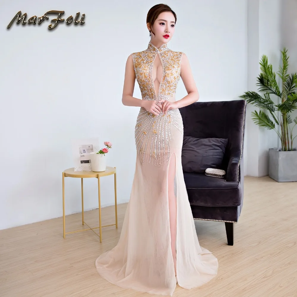

High Quality Sexy Long Evening Dresses 2018 With Too Many Beads Elegant Appliqued Beaded Prom Party Gowns Robe De Soiree GE40