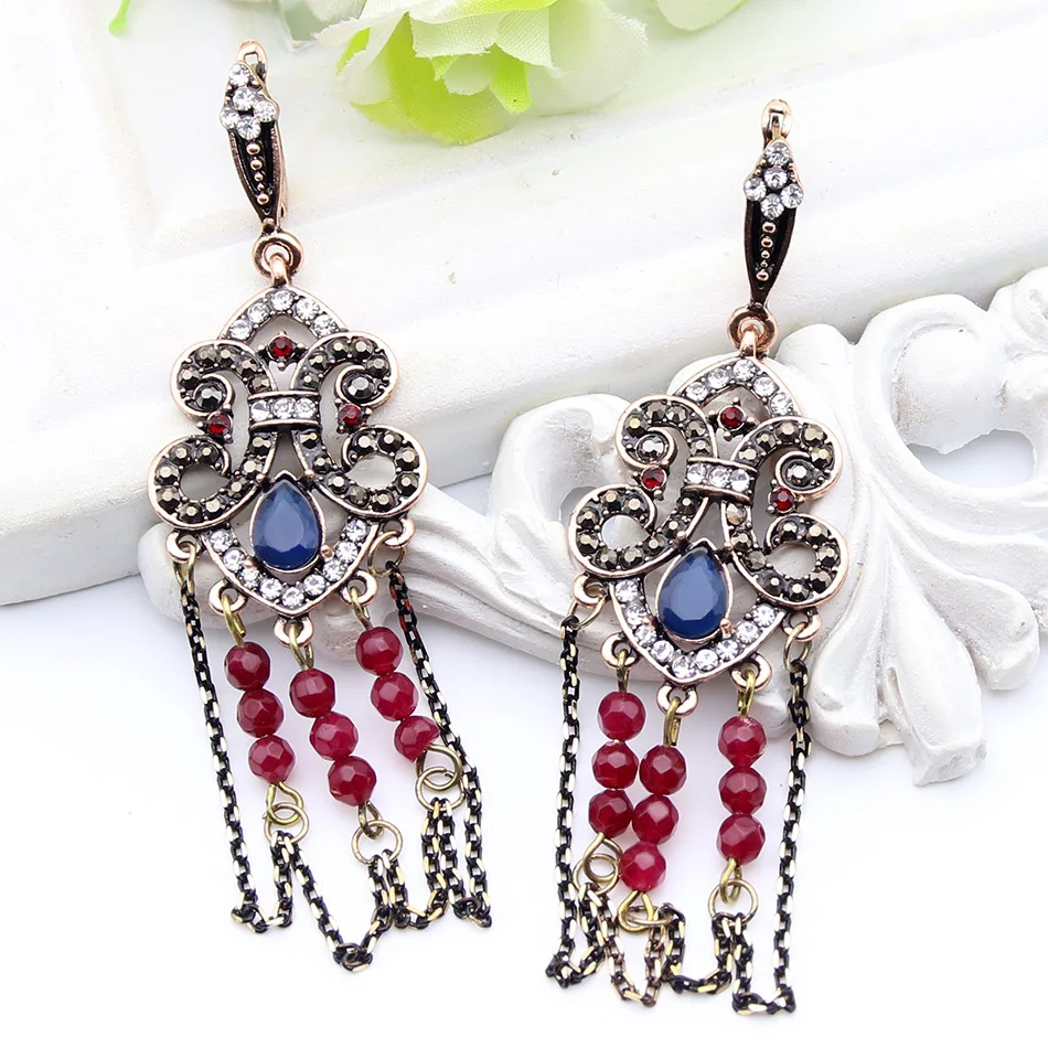 Hand Craft Vintage Turkish Women Beaded Earrings Resin Flower Tassels Drop Earrings Antique Gold Color Brincos Turkey Jewelry