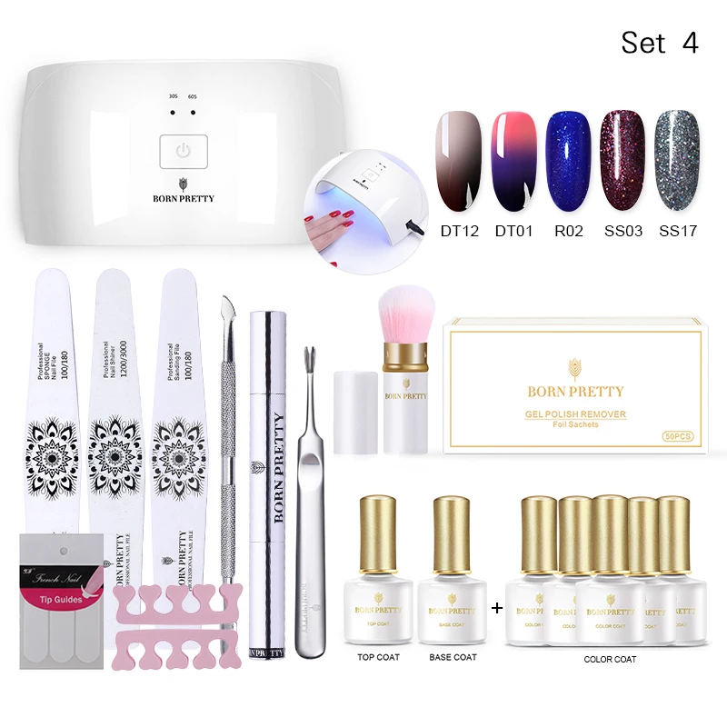 

BORN PRETTY 24W UV Lamp Nail Dryer Set UV Gel Curing Lamp Base Top Coat Dead Skin Fork Color Gel Nail File Buffer Manicure Kit