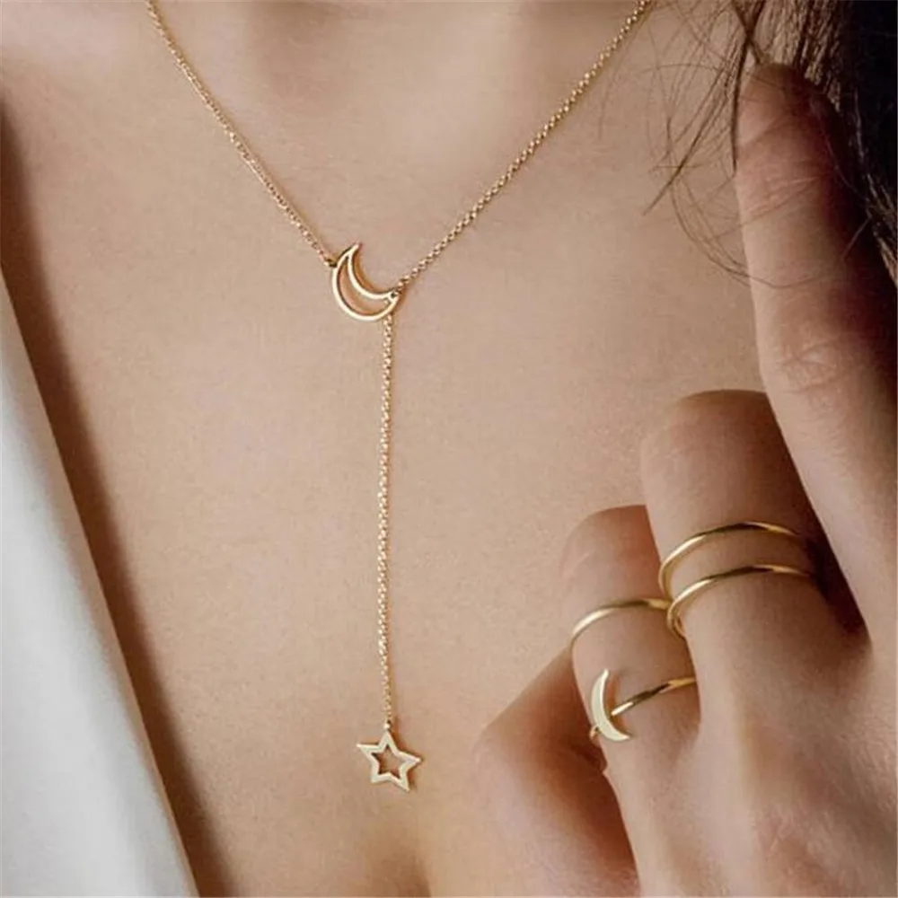 

CRLEY Simple Star Moon Pendant Necklace For Women Gold Silver Color Statement Necklaces Collier Fashion Jewelry bijoux femme