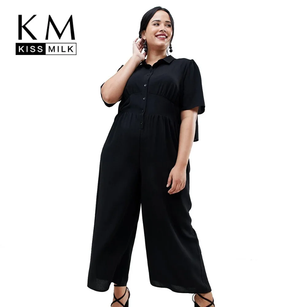 

Kissmilk Plus Size Women Clothes Solid Black Simple Commuter Pleated Shirt Collar Short-sleeved Wide-legged Jumpsuit