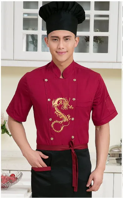 Китайский стиль С Коротким рукавом Шеф-Повар обслуживание Вышитые дракон Отель рабочая одежда Ресторан куртки шеф-повар униформа Повар
